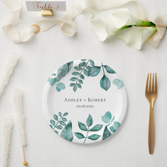 Assiettes En Carton Elégante verdure Turquoise Aquarelle Mariage moder (Mariage)