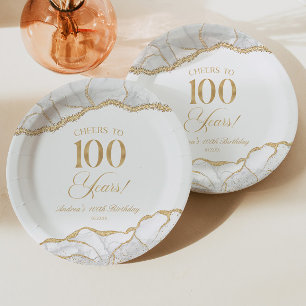 Assiettes En Carton Elégante White Gold Agate 100e fête d'anniversaire