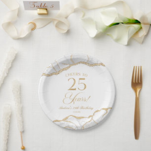 Assiettes En Carton Elégante White Gold Agate 25e fête d'anniversaire