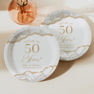 Assiettes En Carton Elégante White Gold Agate 50e Anniversaire Party