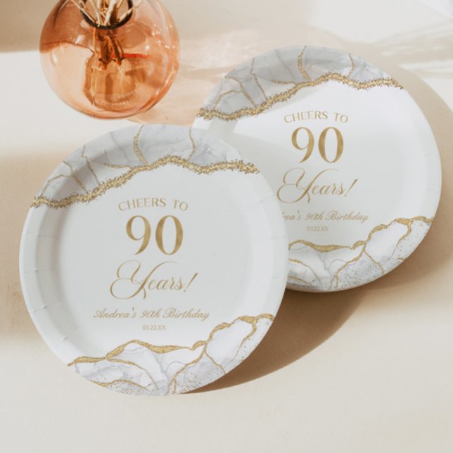 Assiettes En Carton Elégante White Gold Agate 90e fête d'anniversaire (Créateur téléchargé)