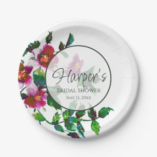 Assiettes En Carton Élégantes fleurs sauvages rose foncé aquarelle mod