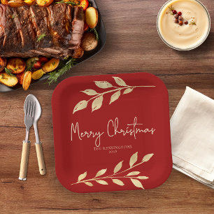 Assiettes En Carton Élégants Feuilles d'or de Noël sur Holiday Red