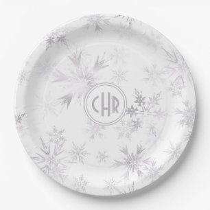 Assiettes En Carton Élégants flocons blancs d'hiver
