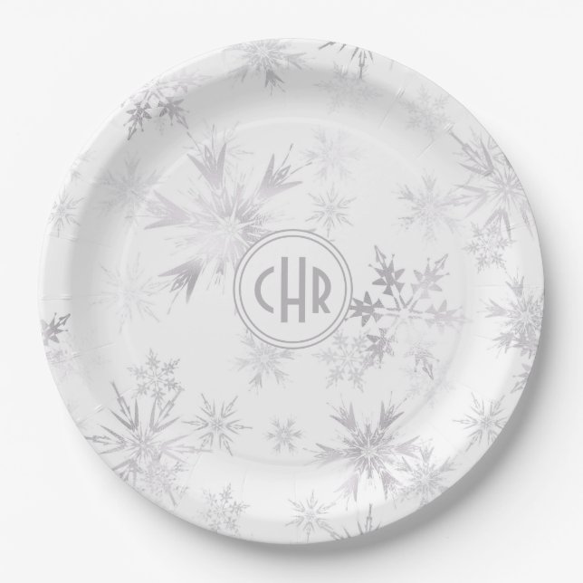 Assiettes En Carton Élégants flocons blancs d'hiver (Devant)