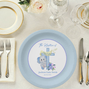 Assiettes En Carton Élément de baptême éléphant avec croix et colombe