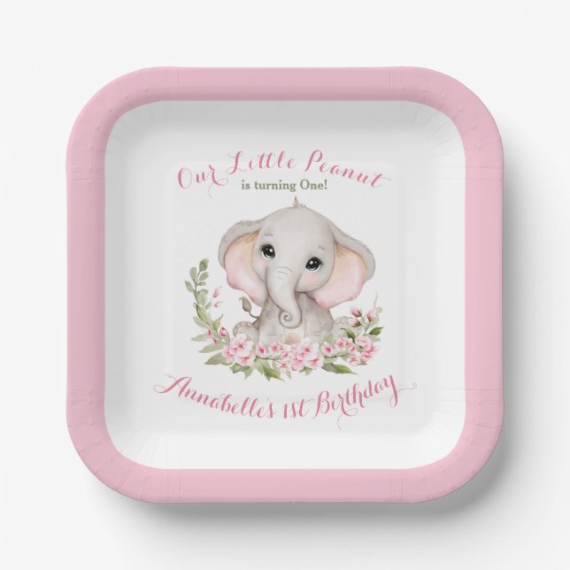 Assiettes En Carton Eléphant 1er anniversaire fille Carré d'âge person (Recto)