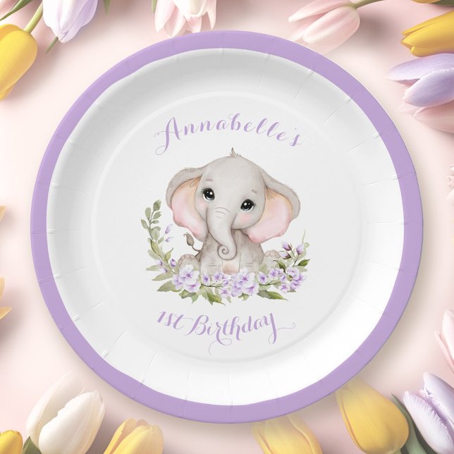 Assiettes En Carton Eléphant 1er anniversaire fille Floral Purple Prin (Elephant 1st Birthday Girl Floral Purple Spring Paper Plates)