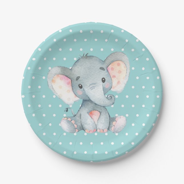 Assiettes En Carton Elephant Baby shower Aqua Turquoise Turquoise (Devant)