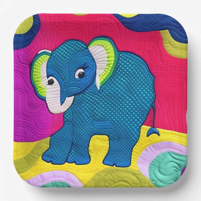Assiettes En Carton Eléphant Bébé Bleu Cute - Design Quilt (Recto)
