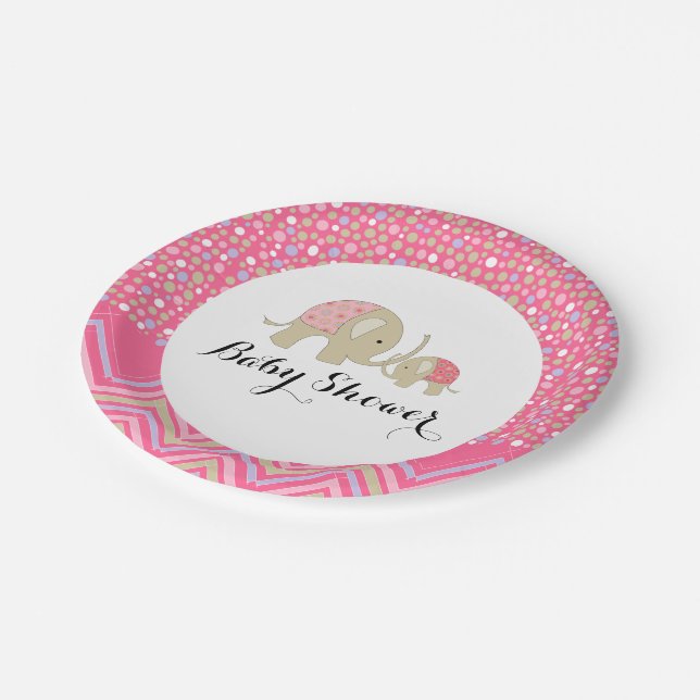 Assiettes En Carton Eléphant de Bohême rose et Baby shower Chevron (Angle)