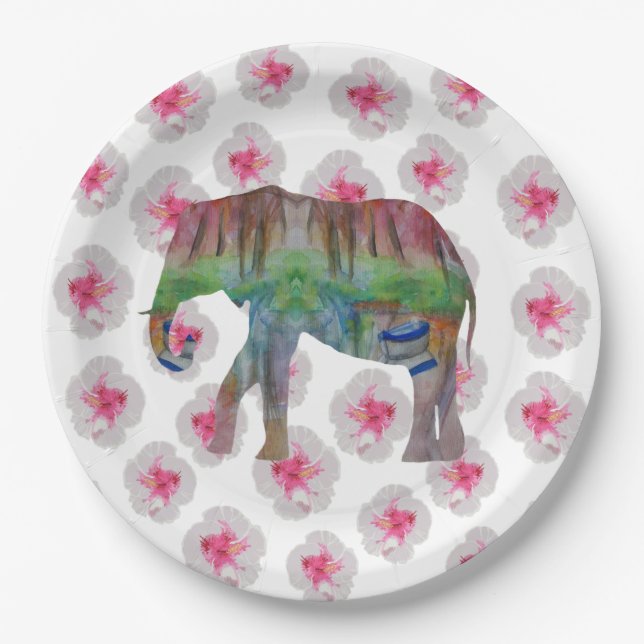 Assiettes En Carton Eléphant et fleurs (Devant)