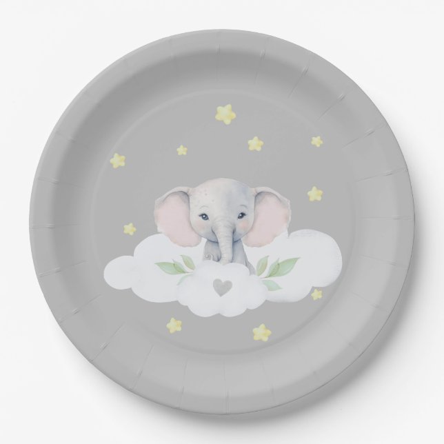 Assiettes En Carton Eléphant Genre Neutre Baby shower Vaisselle (Devant)