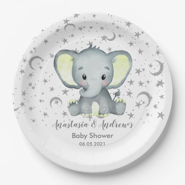 Assiettes En Carton Eléphant jaune Baby shower mignon (Devant)