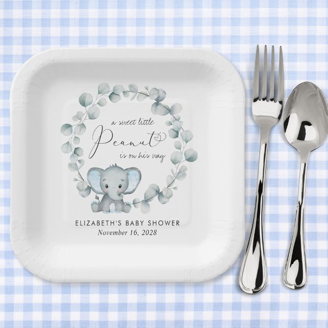 Assiettes En Carton Eléphant mignon Eucalyptus Baby Boy Douche (Créateur téléchargé)