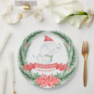 Assiettes En Carton Eléphant mignon Premier Noël du bébé