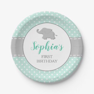 Assiettes En Carton Elephant Mint Green Polka Dot 1er anniversaire
