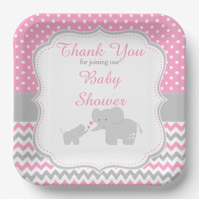 Assiettes En Carton Elephant rose et gris Baby shower (Recto)