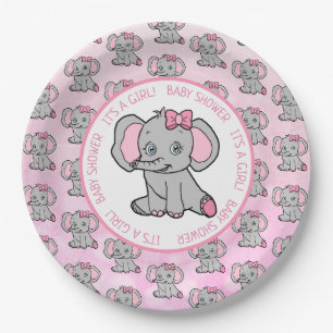 Assiettes En Carton Eléphant rose et gris Baby shower thématique