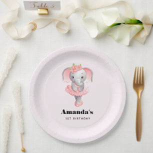 Assiettes En Carton Eléphant rose et gris doux Ballerina Anniversaire