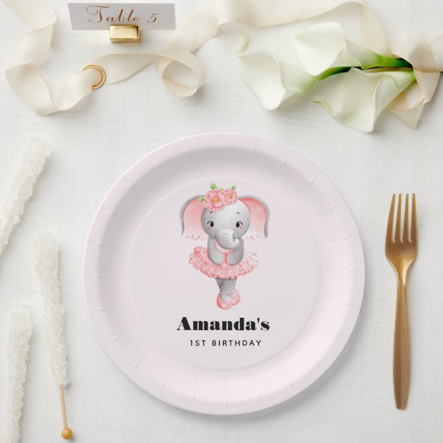Assiettes En Carton Eléphant rose et gris doux Ballerina Anniversaire (Mariage)