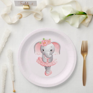 Assiettes En Carton Eléphant rose et gris mou Ballerina