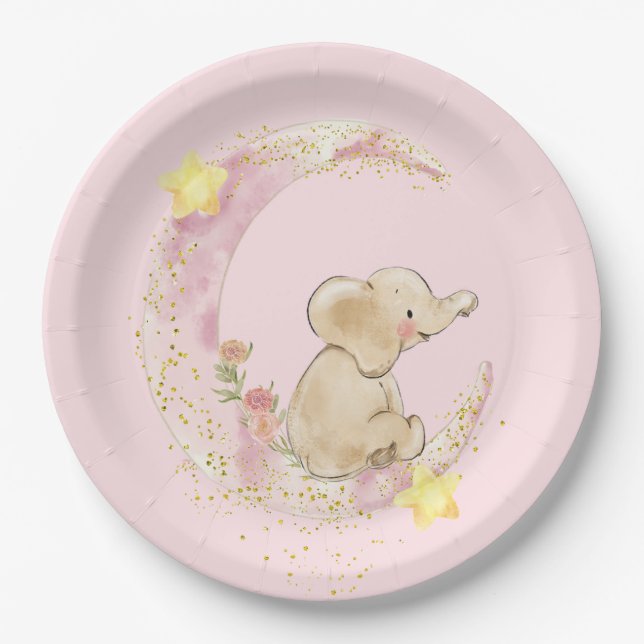 Assiettes En Carton Eléphant sur une lune sur rose (Devant)