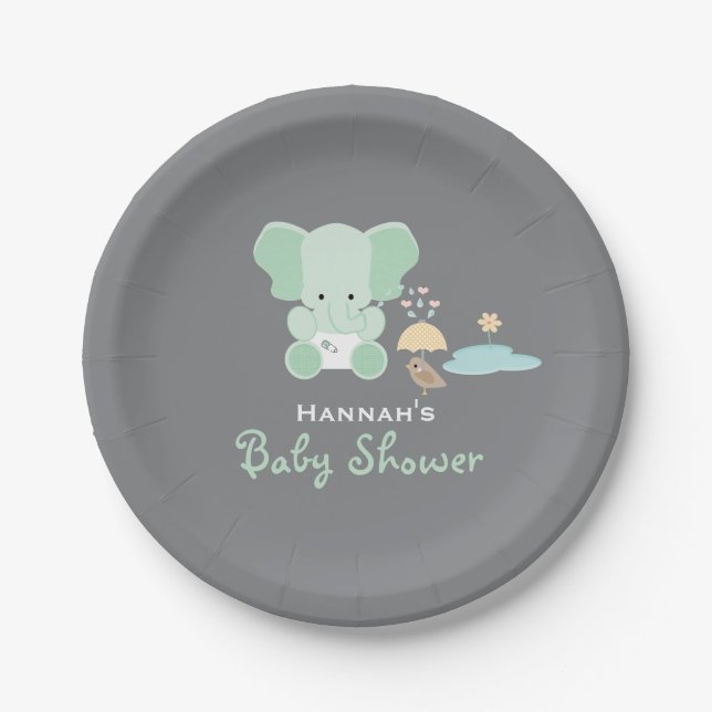 Assiettes En Carton Éléphant vert en bon état petit baby shower (Devant)