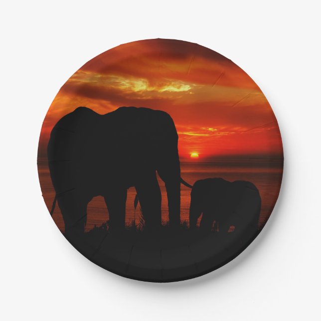 Assiettes En Carton Eléphants au coucher du soleil (Devant)