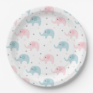 Assiettes En Carton Eléphants bleu rose Baby Girl Baby shower