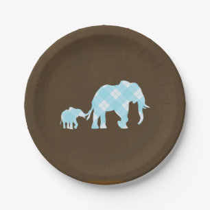 Assiettes En Carton Éléphants Bleus Fête de Naissance Moderne et Branc
