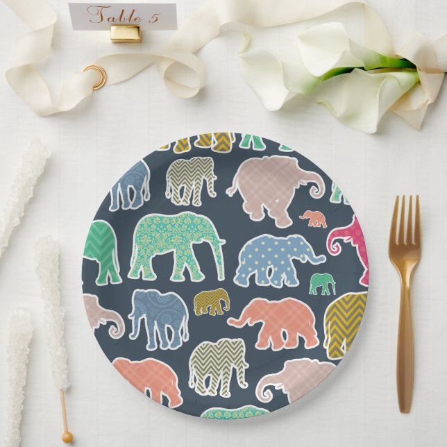 Assiettes En Carton Eléphants Colorés, Motif Des Eléphants, Zigzag (Mariage)