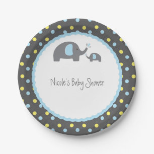 Assiettes En Carton Éléphants de Baby Shower Bleu Gris & Jaune