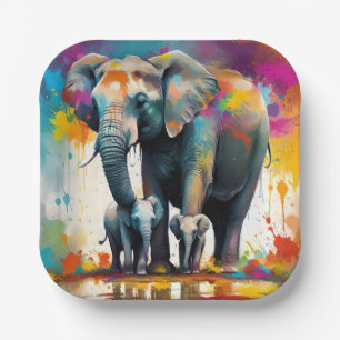 Assiettes En Carton Eléphants De La Mère Et Du Bébé Couleur Splash,