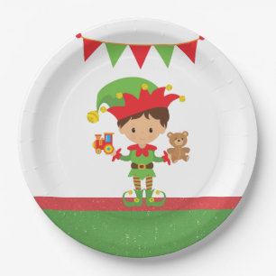 Assiettes En Carton Elfe avec cadeaux et Arrière - plan blanc