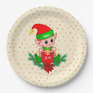 Assiettes En Carton Elfe de Noël mignon et étoiles dorées sur fond bei