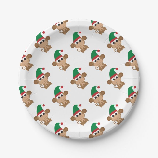 Assiettes En Carton Elfe de Noël singe (Devant)