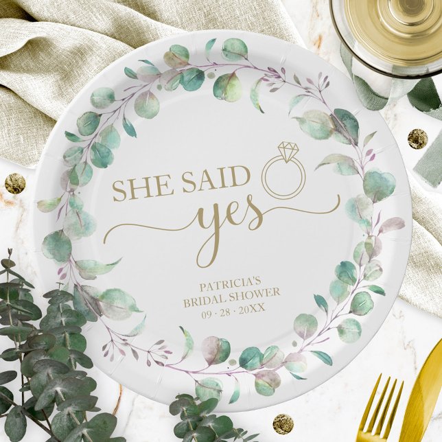 Assiettes En Carton Elle a dit oui verdure eucalyptus Baby Shower Pap (Créateur téléchargé)