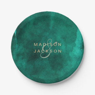 Assiettes En Carton Emerald Green Aquarelle & Mariage Or Monogramme