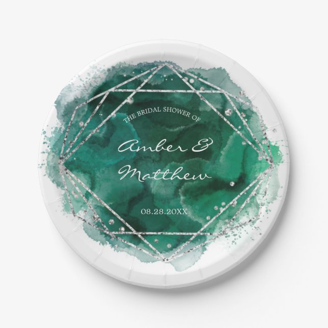 Assiettes En Carton Emerald Green et Silver Mariage géométrique (Devant)