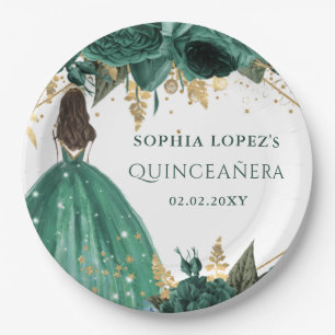 Assiettes En Carton Emerald Green Floral Princess Quinceanera