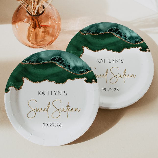 Assiettes En Carton Emerald Green Gold Agate Sweet 16 Anniversaire (Créateur téléchargé)