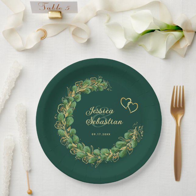 Assiettes En Carton Emerald Green & Gold Eucalyptus Jewel Mariage (Mariage)
