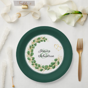 Assiettes En Carton Emerald Green & Gold Jewel Tone Eucalyptus Mariage