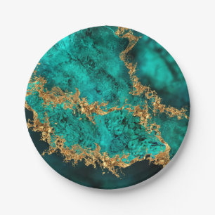 Assiettes En Carton Emerald Jade Gold Splatter Abstrait