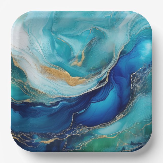 Assiettes En Carton Emerald Waves : Symphonie en bleu et vert (Recto)