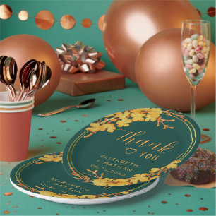 Assiettes En Carton Émeraude classique Merci vert et Mariage or