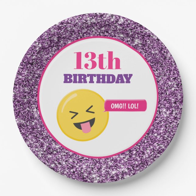 Assiettes En Carton Emoji Ado Anniversaire de Parties scintillant viol (Devant)