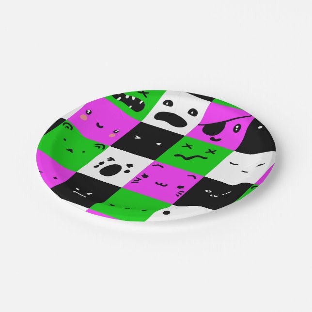Assiettes En Carton Emoji affronte Kawaii vert violet noir (Angle)