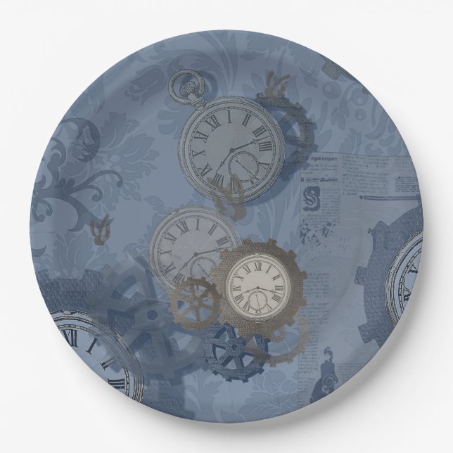 Assiettes En Carton Empreinte bleue Steampunk (Devant)